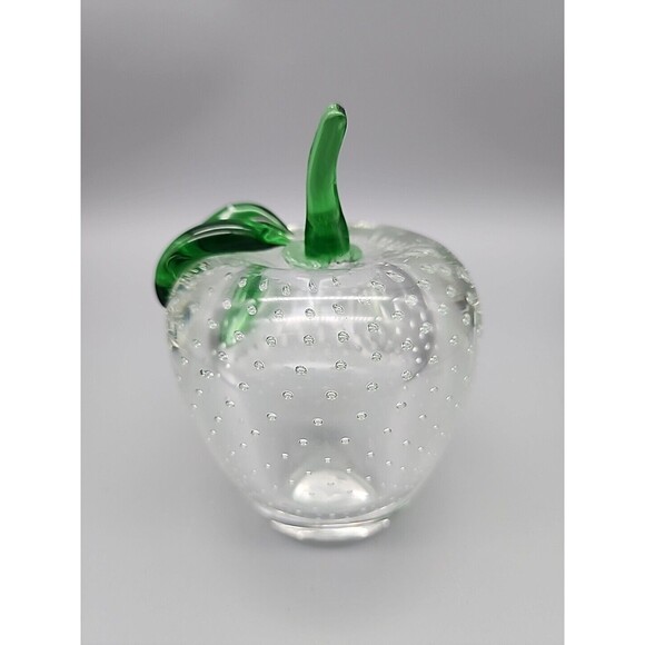 Unmarked Other - Art Glass Apple Bullicante Paperweight Clear Green Stem 4.5" Contolled Bubbles